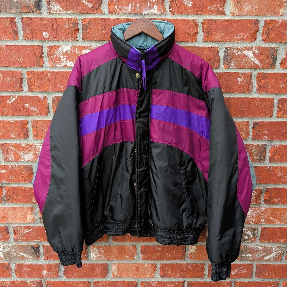 Alpine Ski Puffer Jacket Men Large Multi Color Retro 90s Chevron Insulated Coat